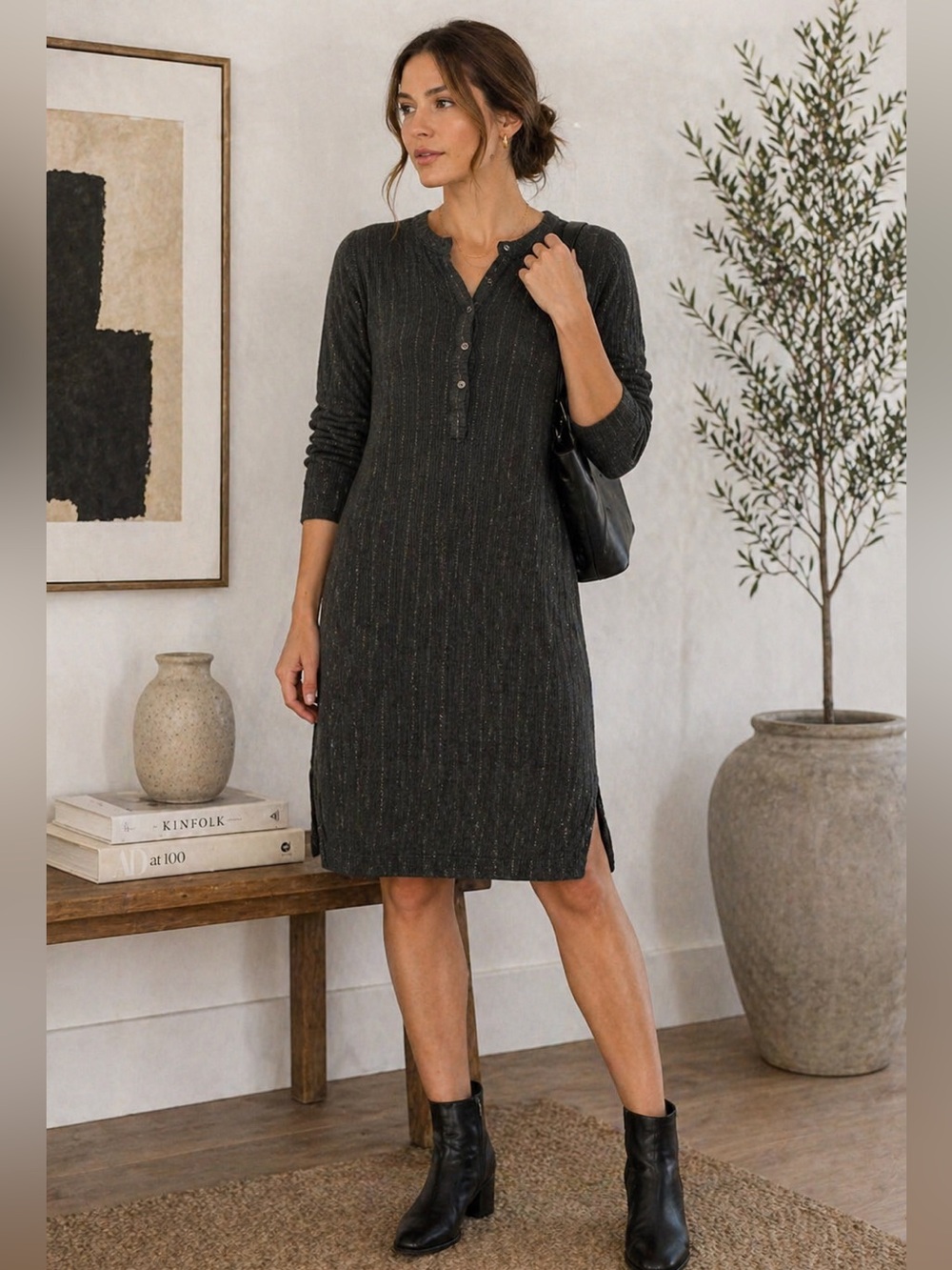 WRAP London Knit Dress US 6 UK 10 Charcoal Ribbed Long Sleeve Henley Minimalist